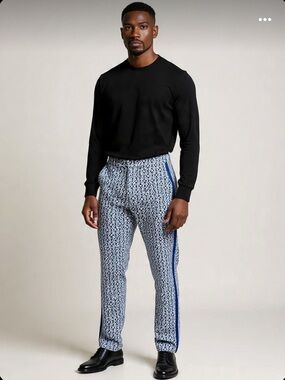 Mr Turk seersucker abstract print tuxedo EventPant midcentury modern 34 blue pnk